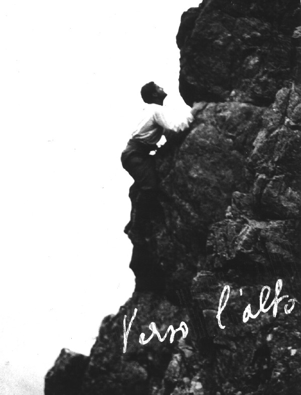 Blessed Pier Giorgio climbing a mountain, one month before his sudden death at the age of 24